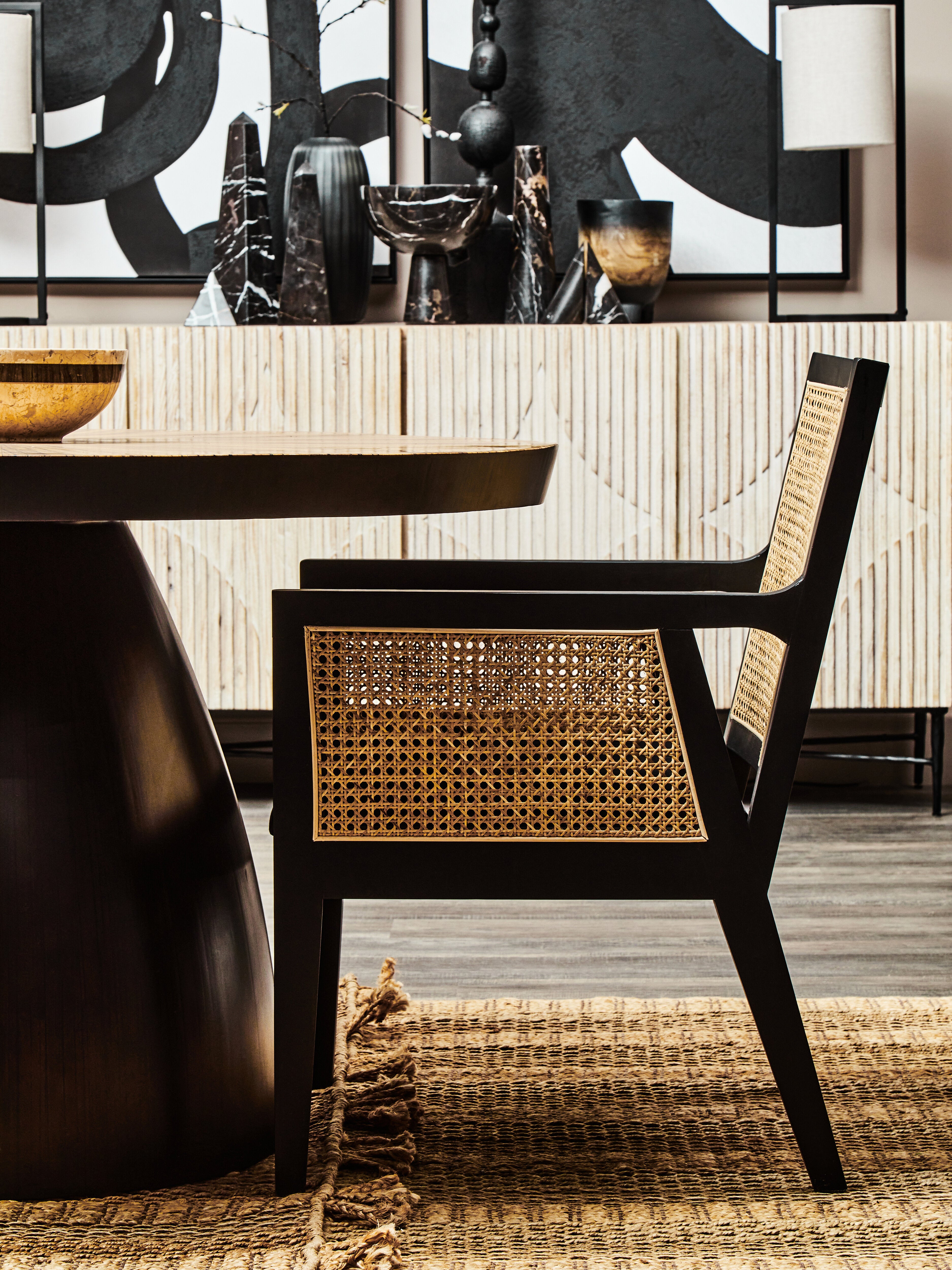 Fargo Black Wood & Cane Rattan Back Armchair